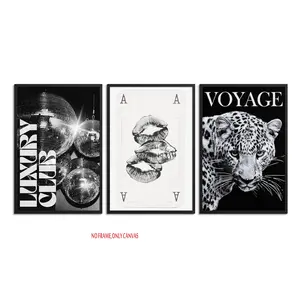 3-Piece Set / Black and White Leopard Print Design Wall Art, Stylish Leopard Poster on Canvas, Perfect for Decorating Home Bedrooms or Dorm Rooms with a Disco Ball Theme, 2D Flat, Frameless