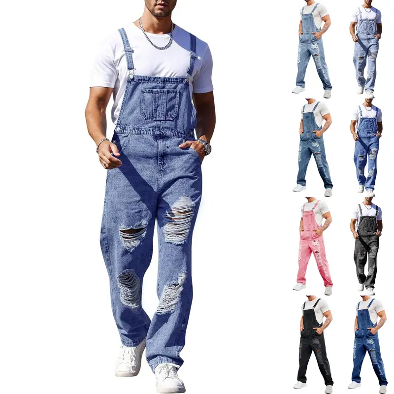 PASLTER Menswear Navy Blue Relaxed Fit Ripped Denim Bib Overall - Adjustable Strap, Distressed, Hippie Streetwear, Casual Workwear Jumpsuit
