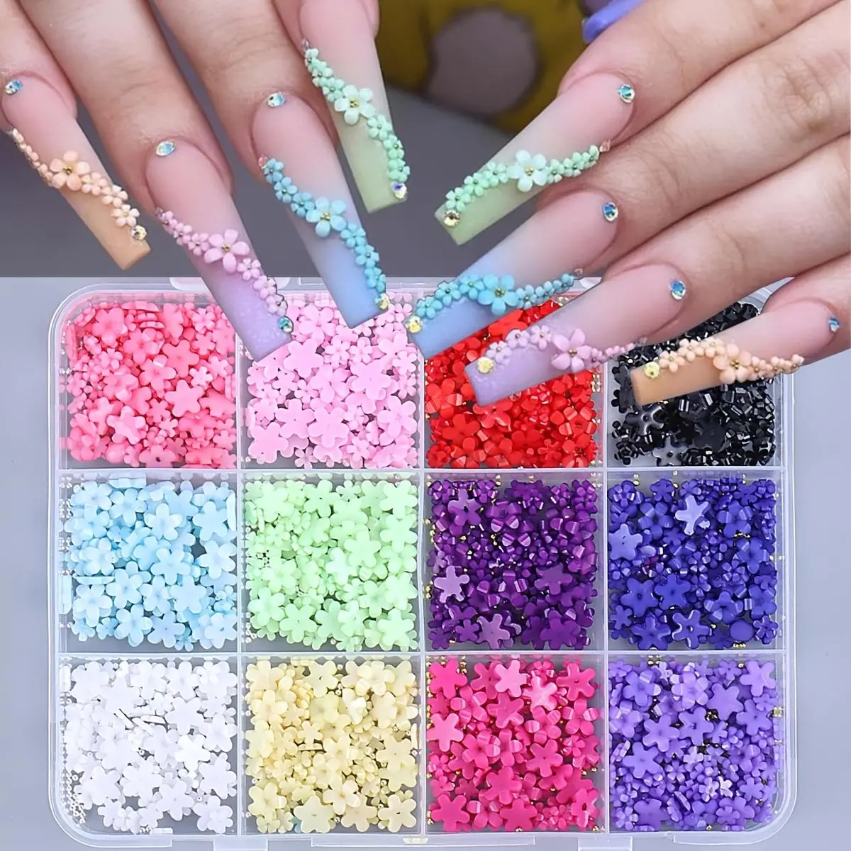 12 Compartment Colorful Flower Manicure Nail Art Decorations, Nail Charms, Nail Art Design, Nail Art Supply, Nail Art Products, 1 Box Cute Mixed Petal Steel Beads Accessories for DIY Nails, Perfect for Women and Girls