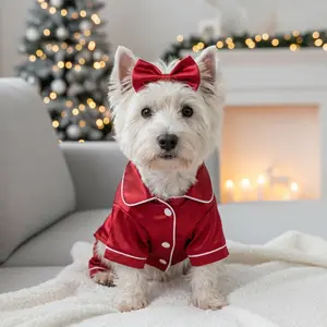 Cute Pet Pajama Set with Bow Headband Cozy Silk Pajamas for Teddy Bichon Pomeranian & Bulldog Soft Puppy Cat Sleepwear for Comfortable Nights # Cute Pet Pajamas # Instagram Viral Pet Outfits # Loungewear