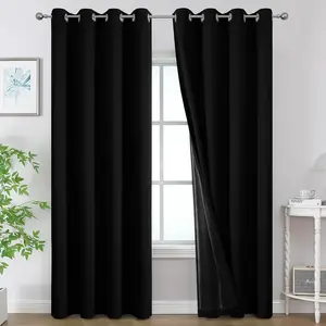 Black 100% Black Out Curtains 90 Inch Long 2 Panels for Bedroom,Thermal Sound and Heat Blocking Curtains for Living Room, Complete Room Darkening Window Drapes,52Wx90L