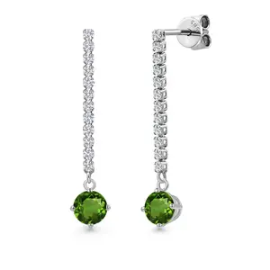 14K White Gold Green Chrome Diopside and White Lab Grown Diamond Long Liner Dangle Earrings for Women | 1.36 Cttw | Gemstone Birthstone | Round 5MM | White Gold Chain Drop Earrings