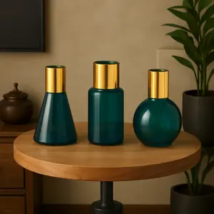 Set of 3 Geometric Glass Tinted Decorative Vase with Gold Rim and Varying Shapes