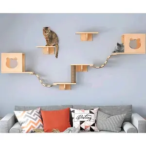 Cat Wall Furniture with Floating Wood Climb Wall-Mounted Playing Climber and Scratching Post, 2 Houses & 4 Shelves Ladders