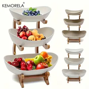 KEMORELA 3-Tier Wooden Fruit and Vegetable Basket with Wooden Legs - Versatile Kitchen Organizer for Fruits, Vegetables, and Iced Food - Perfect for Refrigerator Storage, Fruit Basket for Kitchen