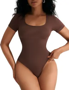 Tummy Control Shapewear Bodysuits with Thong Design / Square-neck Cinched Corset Close-Short Sleeve T-back Womenswear, Girl Brown Bodysuit Outfit