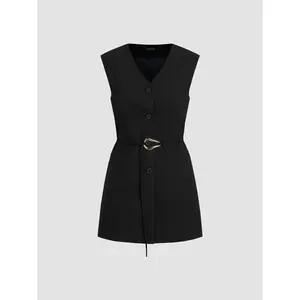 Cider [size 2-10] V-neck Solid Button Pocket Long Blazer Vest With Belt