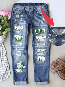 Christmas Special Snowman Fashion Print Jeans, Distressed Ripped Cat Whisker Craft, Elastic Breathable Fabric, Long Fitted Denim Jeans