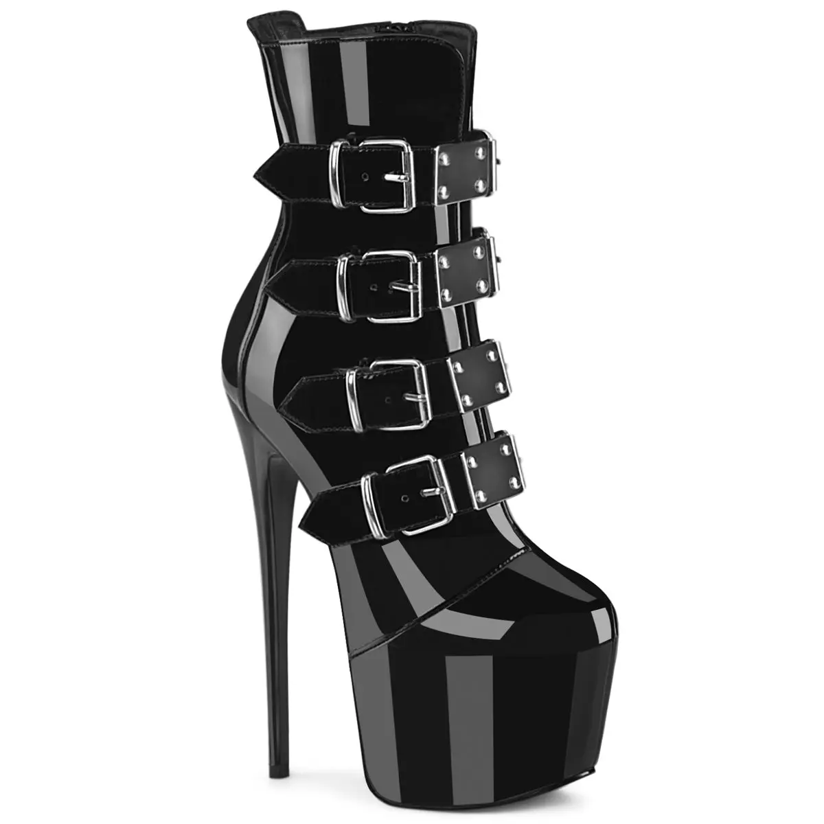 Women's Black Patent Buckle-Design Platform Ankle Boots, Stylish Comfortable Statement Shoes, Jubilant-1023