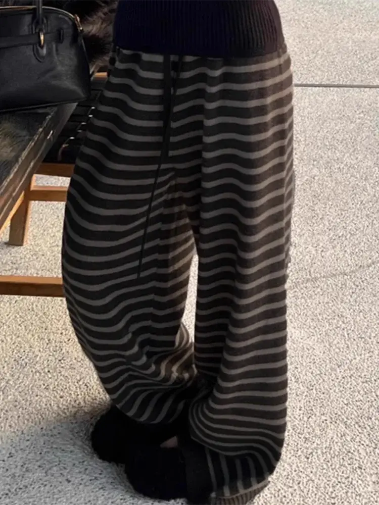 Harajuku Contrast Color Striped Women Wide Leg Pant Vintage Grunge Loose Knitted Pant Y2K American Casual Lady Straight Trousers