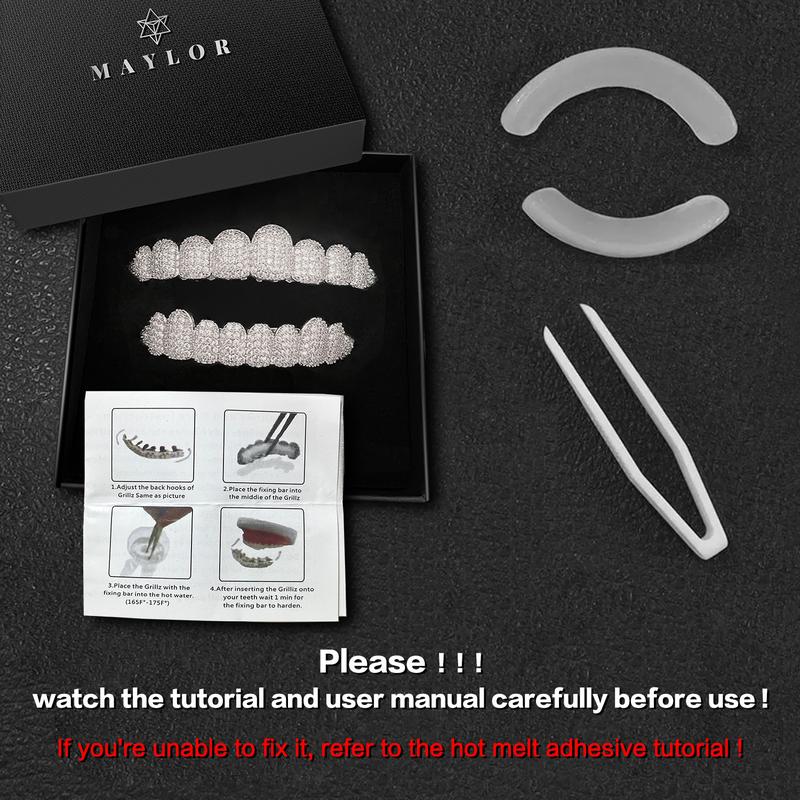【Valentine's Day gift】MAYLOR Unisex Hip Hop Zirconia Teeth Diamond Grillz,Designed to sit over your teeth, not custom-molded, Cubic Zirconia Grillz for Men & Women, 10 Teeth Top and Bottom Punk Dental Jewelry Gift