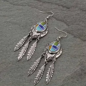 Vintage Bohemian Feather Earrings With Tassel Fringe - Long Dangle Drop Alloy Resin Handmade Statement Jewelry For Women, Ethnic Chic Festival Party Wedding Accessories, Lightweight Artistic Dangle Retro Style