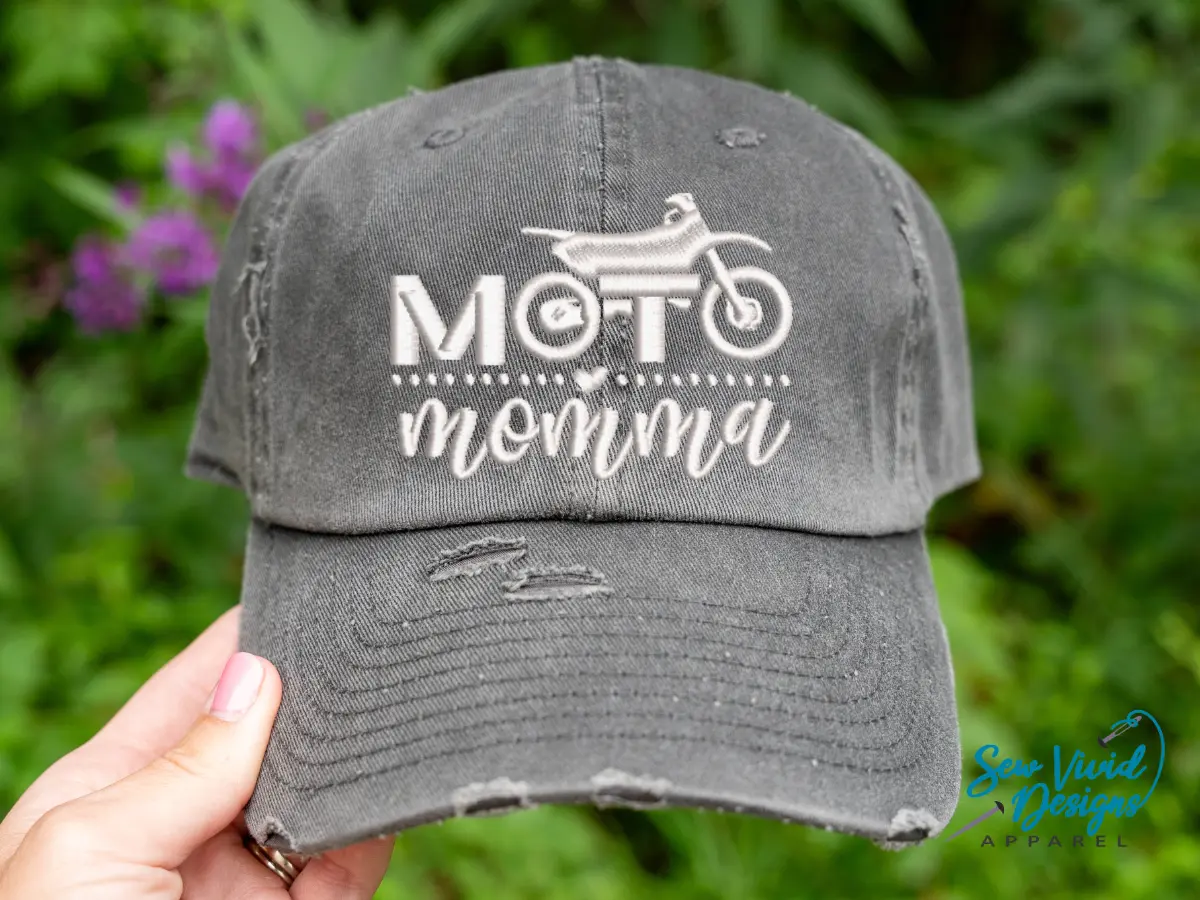 Moto Momma Hat | Distressed Baseball Cap OR Ponytail Hat | Custom Cap for Motocross Mom with a Dirt Bike | Personalized Motocross Dirt Bike