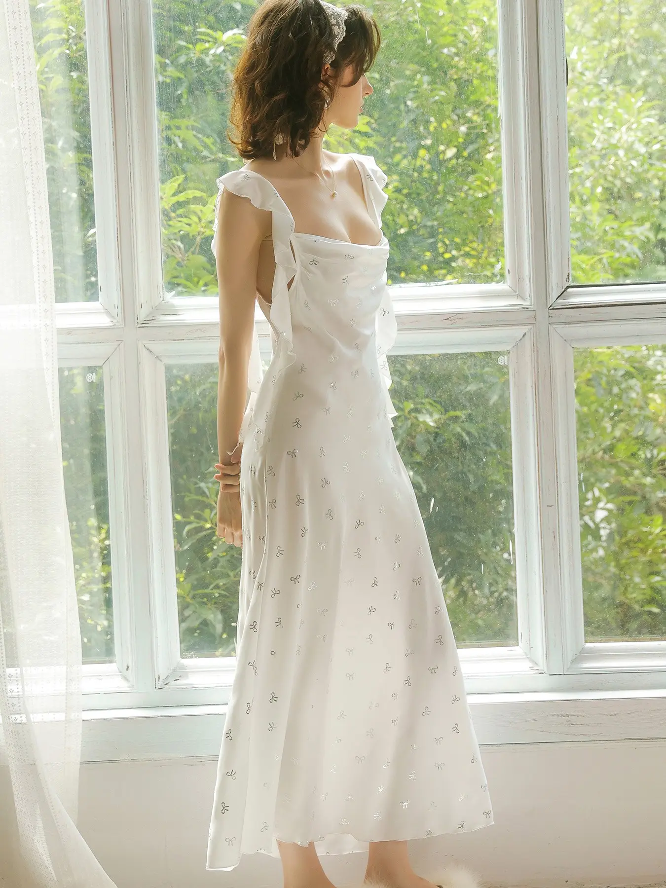 Women's Long Sleep Dress, French Luxury Silk Velvet Neckline, Silver Color Butterfly Knot Back Tie, Daily Home Wear