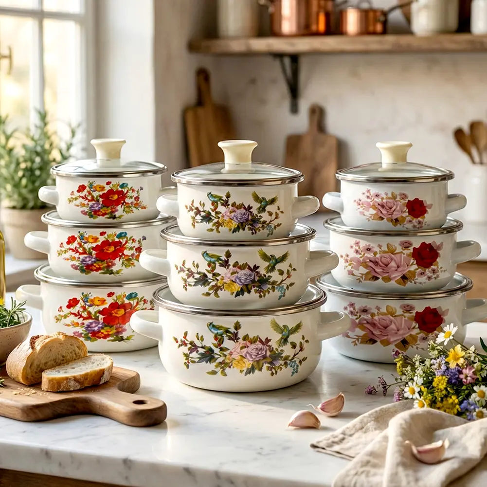 ElegantBird 3Pcs Mini Enamel Soup Pot Set 12cm/14cm/16cm Flower Pattern Kitchen Cookware for Gas Stove & Induction Cooktop Durable Enamel Material tiktokshopspringglowup Veggie Shaped Pots Stew Pot