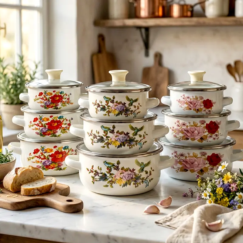ElegantBird Bright Colorful Flower Bird Veggie Shaped Enamelware Stew Pot Set - 3-Piece Multi-Size Round Unique Pots (12cm/14cm/16cm), Lidded, Gas & Induction Compatible Kitchen Cookware Accessories for Home Cooking