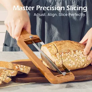 Adjustable Wooden Bread Slicer with Precision Adjustment Mechanism - Heavy-Duty 304 Stainless Steel Blade, Ergonomic Handle & Non-Slip Base - for Baguette, Bread, Pastries - Professional & Home Kitchen Use - Easy-clean Design