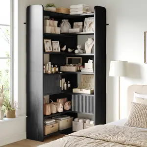 Raybee 75“ Tall 7-Tier Corner Bookshelf, 38” 4-Tier L-Shape Bookcase with 2 Fluted-Door Cabinets, Modern Shape-Adjustable Wooden Book Shelves for Home Office, Living Room, Kitchen, Black