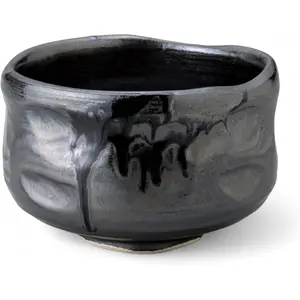 Handmade Ceramic Matcha Tea Bowl Authentic Japanese Tea Ceremony Pottery, Made in Japan, Silver Black Drip
