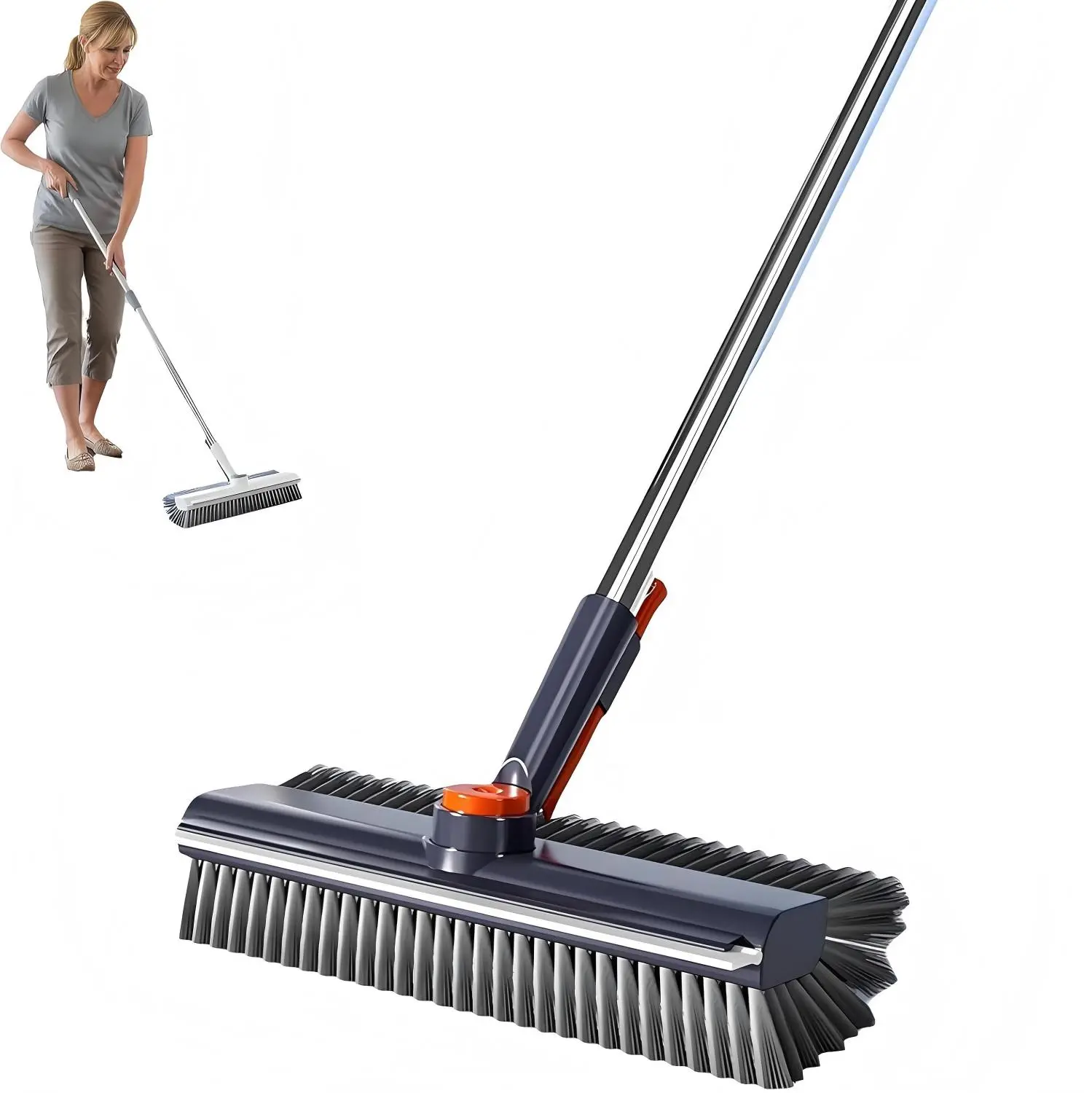 Floor Scrub Brush, 3 in 1 Floor Scrub Brush with 54-in Adjustable Long Handle and Scraper Heavy Duty Stiff Bristle Floor Scrubber for Cleaning Shower Bathroom Kitchen Patio Garage, Grey