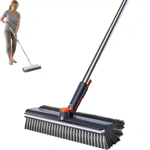 Floor Scrub Brush, 3 in 1 Floor Scrub Brush with 54-in Adjustable Long Handle and Scraper Heavy Duty Stiff Bristle Floor Scrubber for Cleaning Shower Bathroom Kitchen Patio Garage, Grey