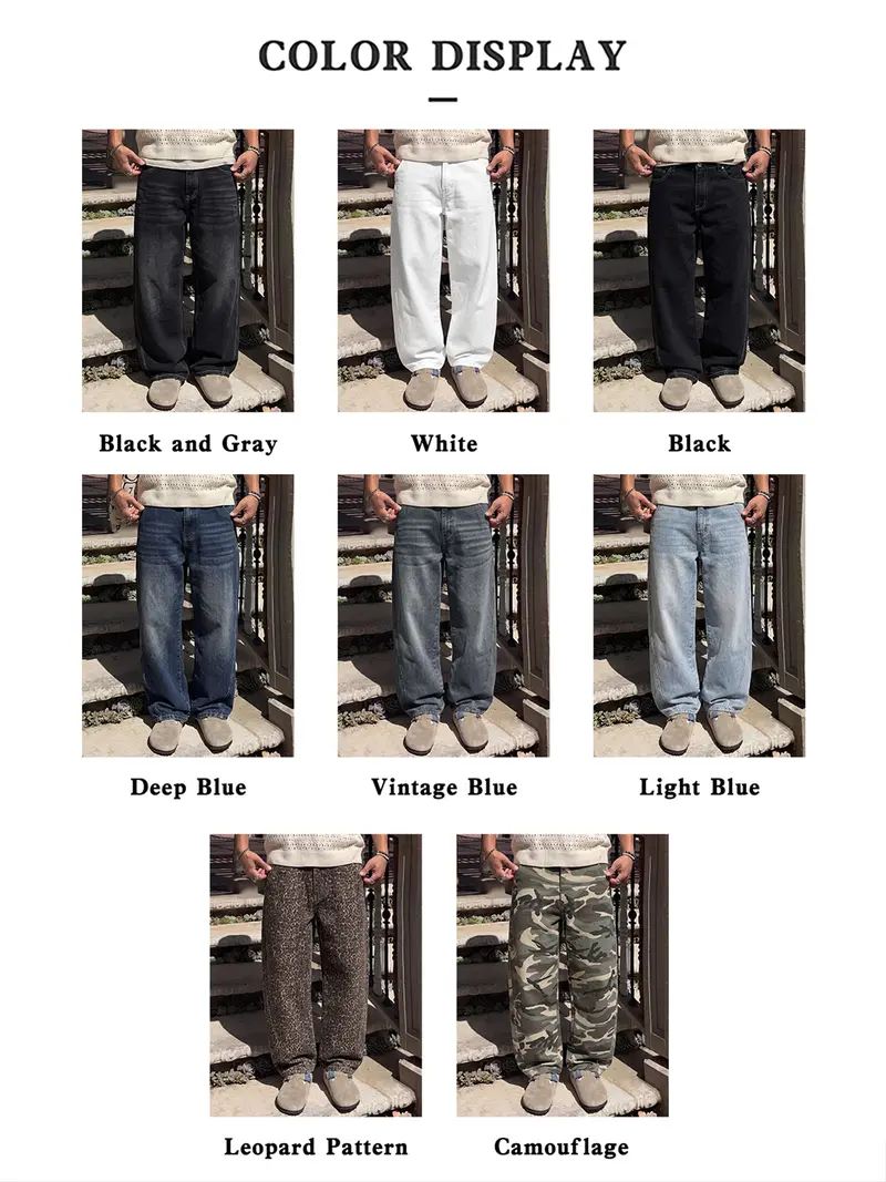2-pack men’s long pants, men’s jeans, men’s cotton-blend jeans, loose straight wide-leg jeans.Retro washed design, available in multiple colors, suitable for everyday casual wear, school commuting, short trips, and holiday gatherings—ideal for a variety