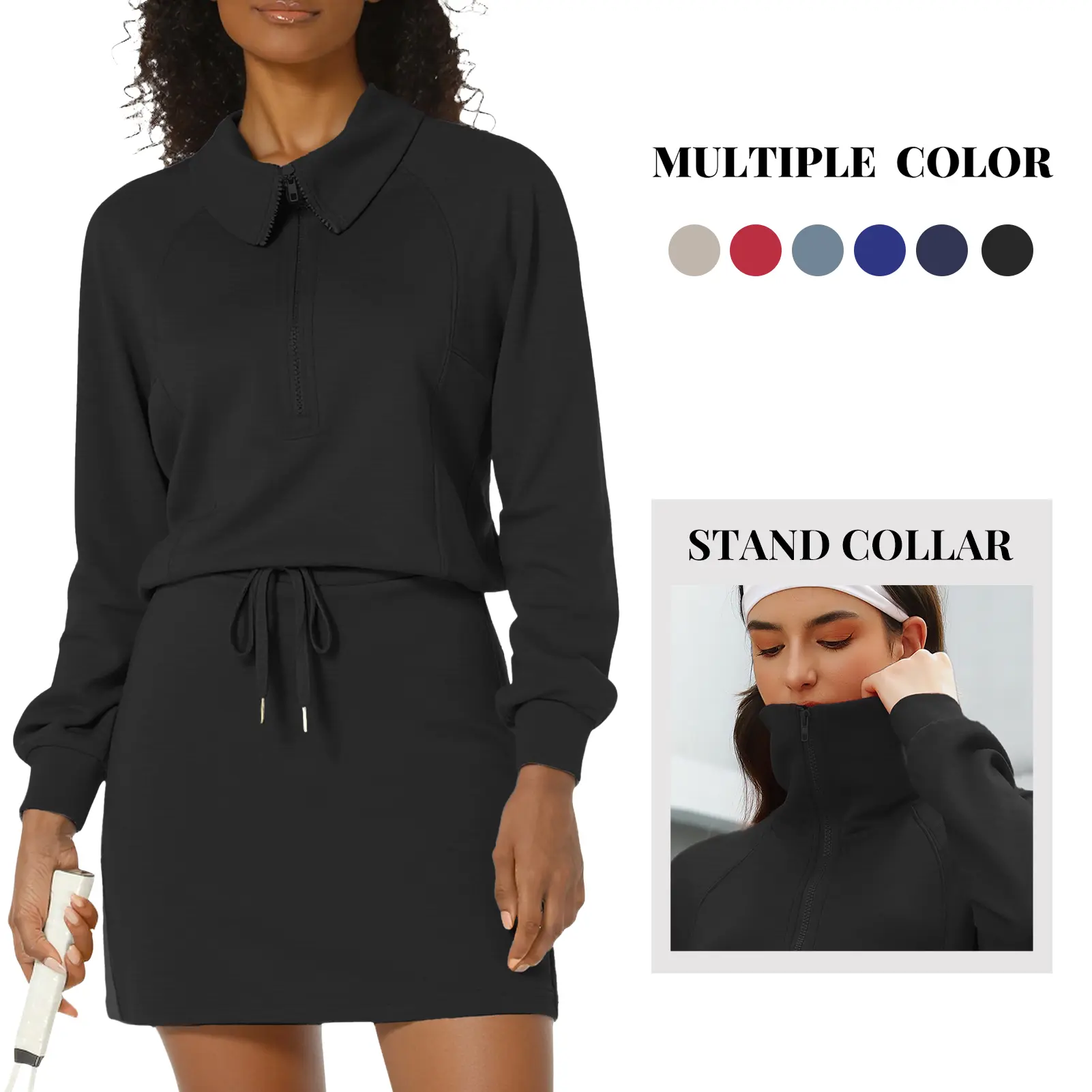 Women's 2-Piece Fitness Sport Outfit, Textured Half-Zip Sweatshirt and Tennis Skort Set, Casual Sporty Breathable Workout Clothing, Fitness Sport Outfits