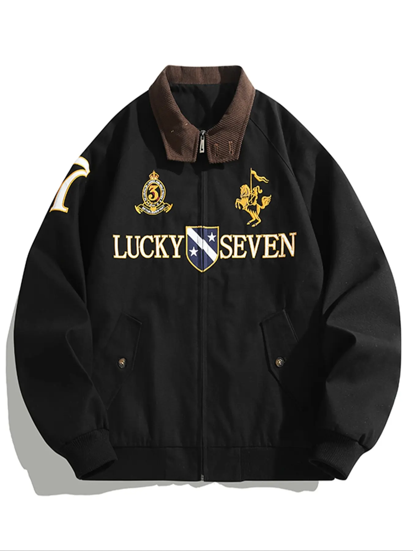 New Men's Flight Jacket Casual Fashionable Jacket Lucky Seven Embroidery Street Style Vintage College Wind Coat, Casual Loose Fit Woven Fabric for Spring & Fall Streetwear Jackets
