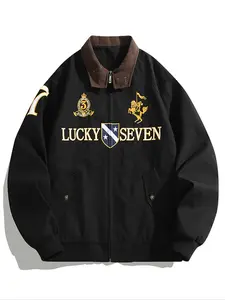 New Men's Flight Jacket Casual Fashionable Jacket Lucky Seven Embroidery Street Style Vintage College Wind Coat, Casual Loose Fit Woven Fabric for Spring & Fall