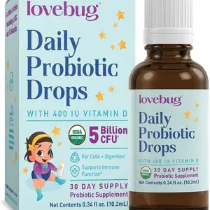 Lovebug Daily Probiotic Drops | 5 Billion CFU, 6 Probiotic Strains | USDA Organic | 400 IU Vitamin D | Daily Gut and Immune Support | 30 or 60 Day Supply