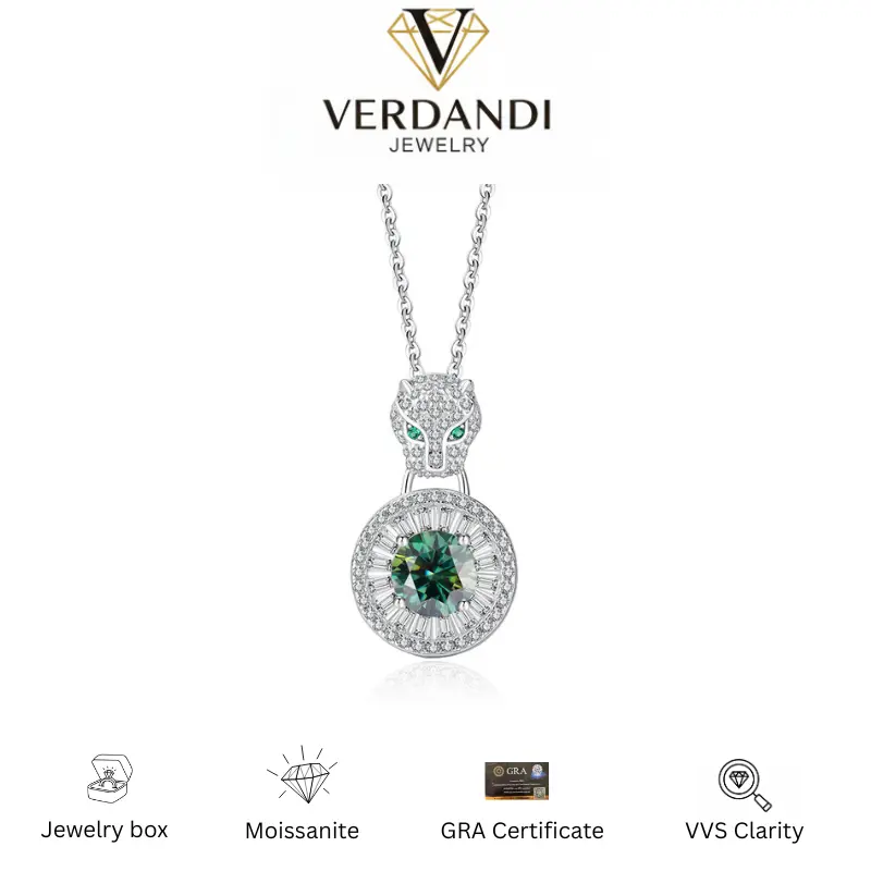 925 Sterling Silver Elegant Panther Pendant Necklace - Baroque Style, VVS Grade Green Synthetic Moissanite, Unisex Versatile Jewelry for Adults' Casual Daily Wear, Elegant Pendant