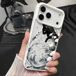 Flower Blossom Black Cat Pattern Magnetic Phone Case Supports Wireless Charging for iPhone 17 15 16 14 Pro Max 13 12 11 AIR XR XS Plus E Shockproof Non Slip Protection Silicone Transparent Acrylic Cover Cellphone Protective