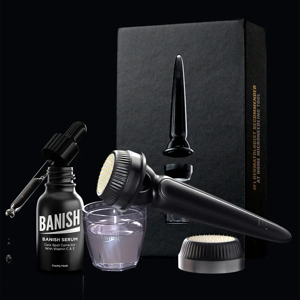 Banish Kit 3.0 - with Vitamin C, E, Ferulic acid Serum & 2 Replaceable Heads for Acne Scars, Dark Spot, Collagen Building, Fine Lines