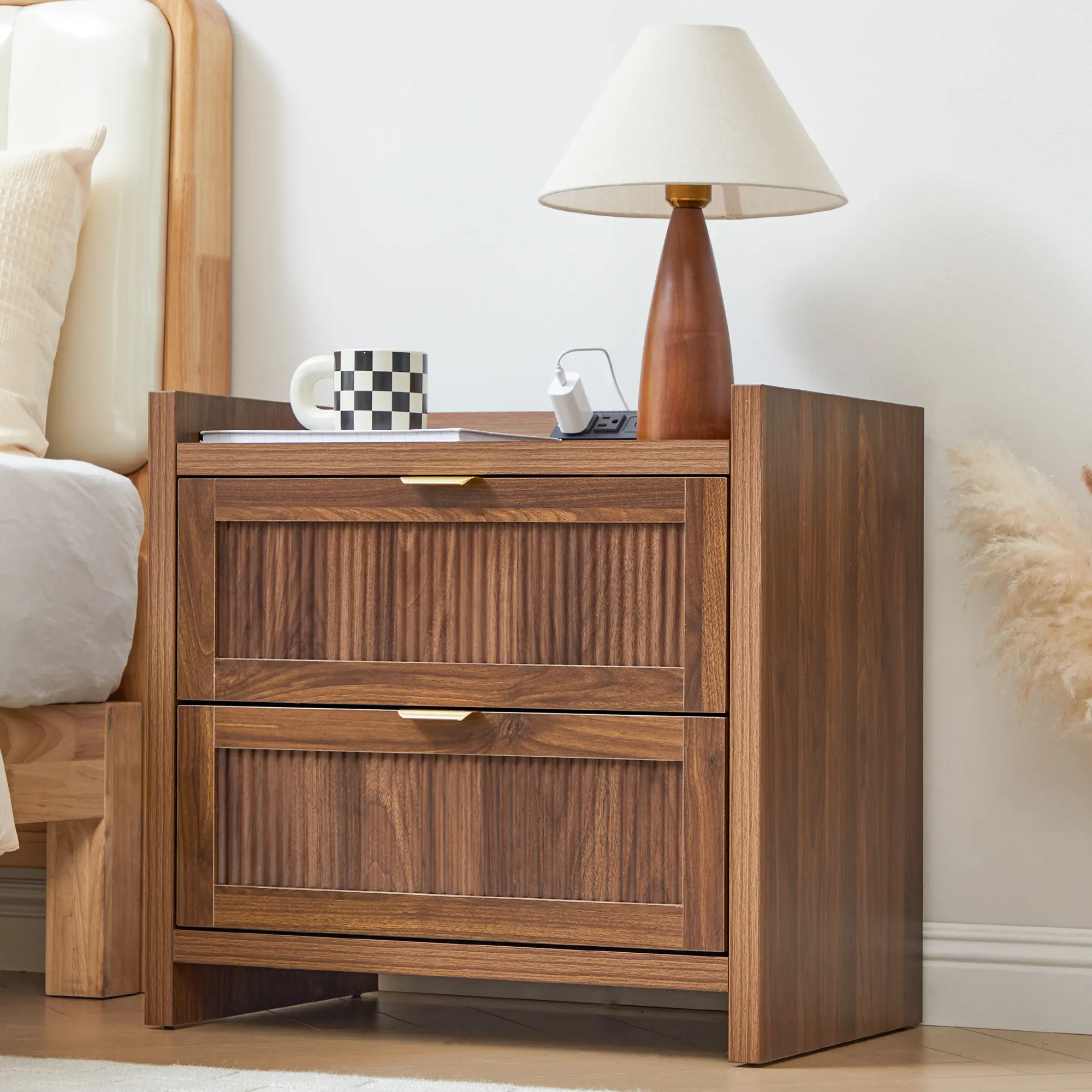 FurSch Mid Century Modern Walnut Nightstand with Fluted Drawers, Solid Wood Bedside Table with Built-in Charging Station, Stylish End Table for Bedroom