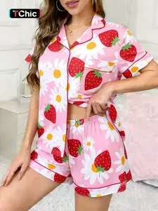 2-piece women's foundation make-up Floral sunflower strawberry print pattern short sleeved shorts soft comfortable Fitted top small pocket elastic waist for four seasons home casual women's Loungewear pajamas set Nightwear