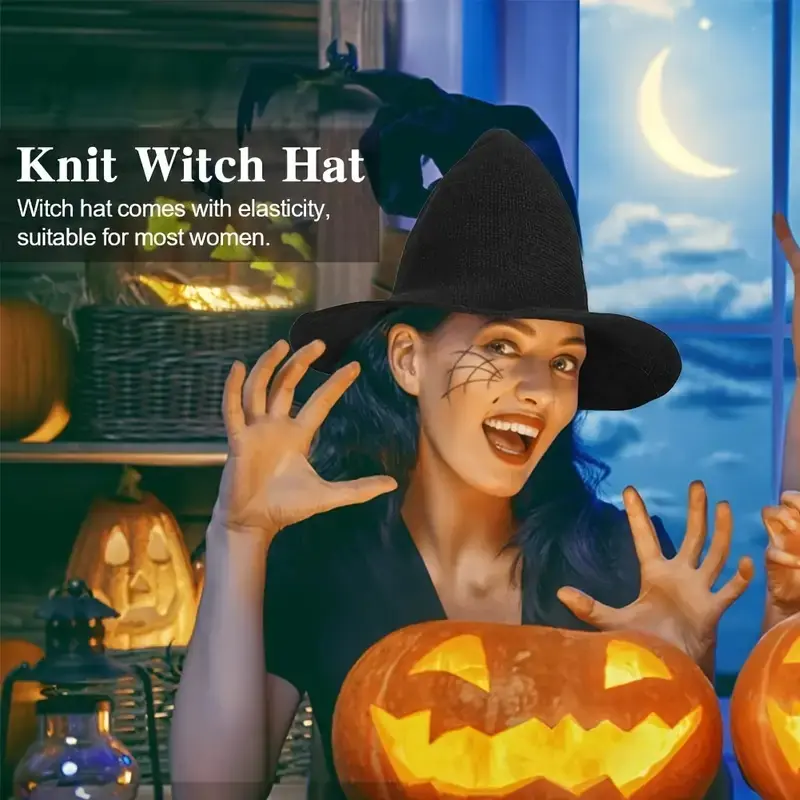 Halloween Witch Hat Lightweight Wizard Cap Fashion Pointed Knit Beanie Role Play Accessory, Party Accessories, Stylish Costume Headwear for Women