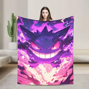 Ghost Type Gengar Flannel Blanket Spooky Cute Purple Monster Throw For Game Anime Fans Super Soft Cozy Warm Bedding For Bedroom Sofa Couch Travel Camping Dorm Room Decor Boys Girls Birthday Christmas Gift