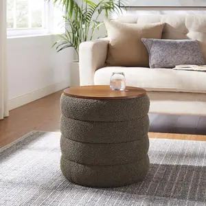 Modway Mezzo Round Boucle Fabric Storage Ottoman in Pebble