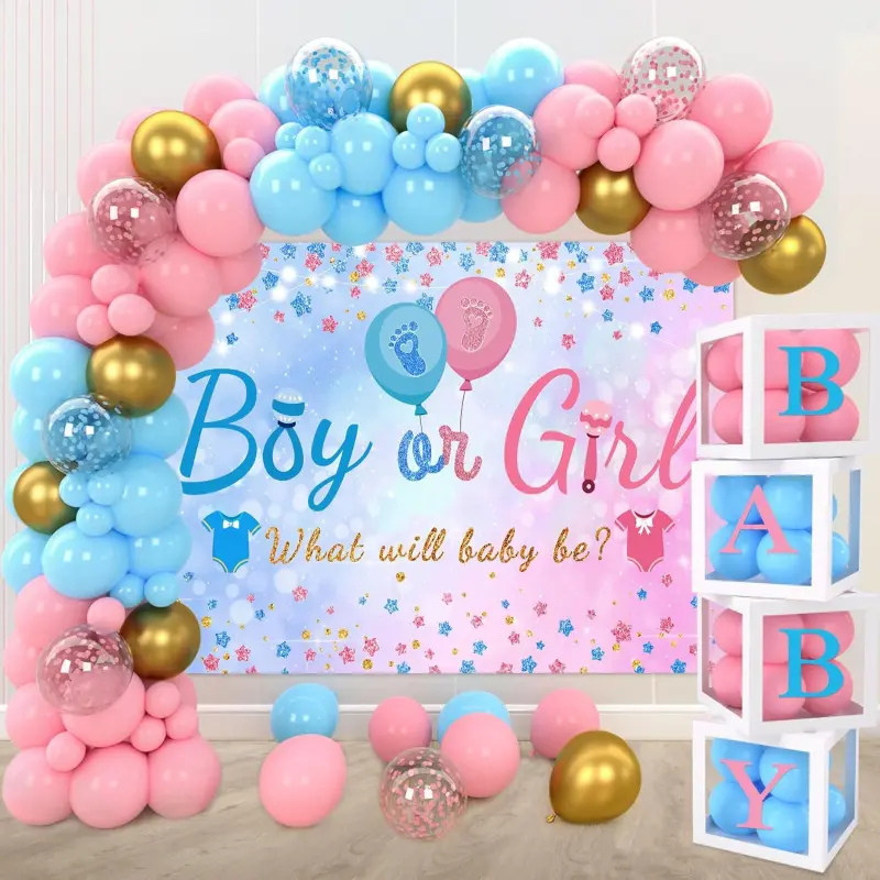 Decorations Set, 141pcs Pink and Blue Latex Balloon Arch Kit with Backdrop & Letter Balloon Boxes for Unisex Adult Gender Reveal, Birthday, or Baby Shower Photo Backdrop, Letter Balloons, Foldable