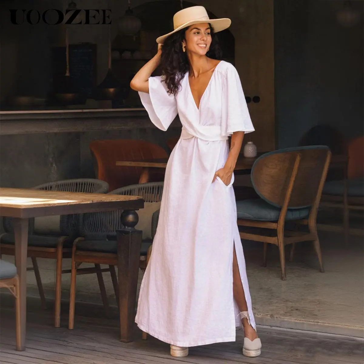 UOOZEE Women's Bohemian Crinkle Maxi Dress, Breathable Cotton-Linen Blend V-Neck Summer Gown with Pockets and Side Slit, Style, Sheer, Feminine, Drape, Minimalist, Lightweight, Strappy, Everyday, Fabric, Party, Short, Evening, Casual