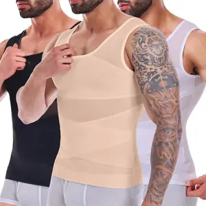 2 Pack Men's Double Compression Vest Body Shaper - High Stretch Breathable Mesh Undershirt Tank Top. Athletic Waist Trainer Sleeveless Shirt Posture Support Base Layer for Gym Fitness Workout, Running & Daily Wear in Black, White, Skin Tones