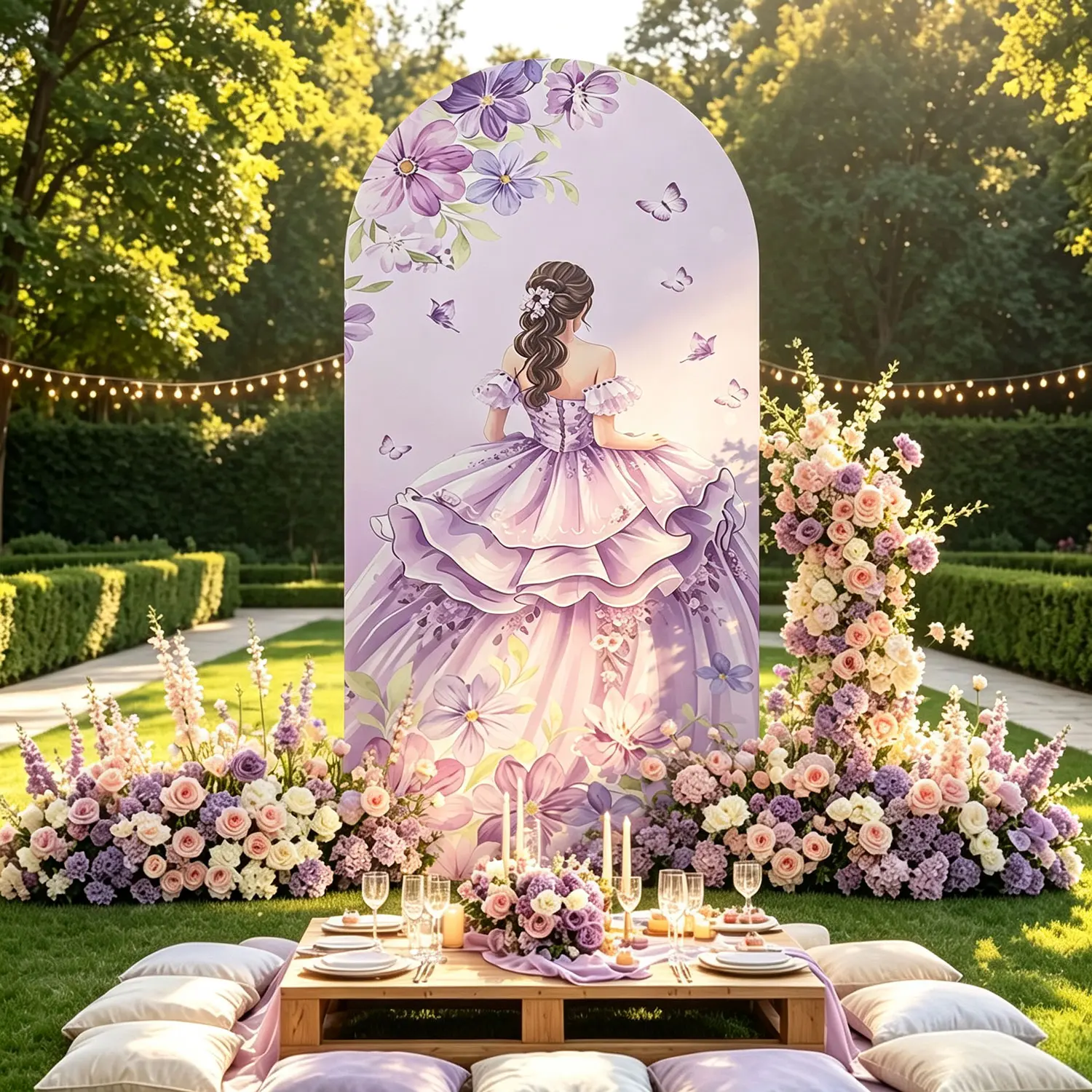 6.56FT Arch Backdrop Cover Spandex Fitted Lavender Purple Arch Covers Round Top Chiara Arches Backdrop Cover, Watercolor Purple Floral Butterfly Princess Pattern Double Sided Arch Cover for Birthday Party Baby Shower Ceremony Banquet Decor