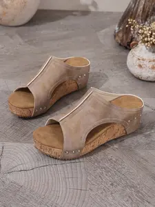 Women's Distressed Brown Studded Cork Wedge Platform Slides, Western Boho-Chic Style, Non-Slip Rubber Summer Vacation Sandals  #WesternBohoShoes, #CorkWedgeSlides, #VacationChicSandals