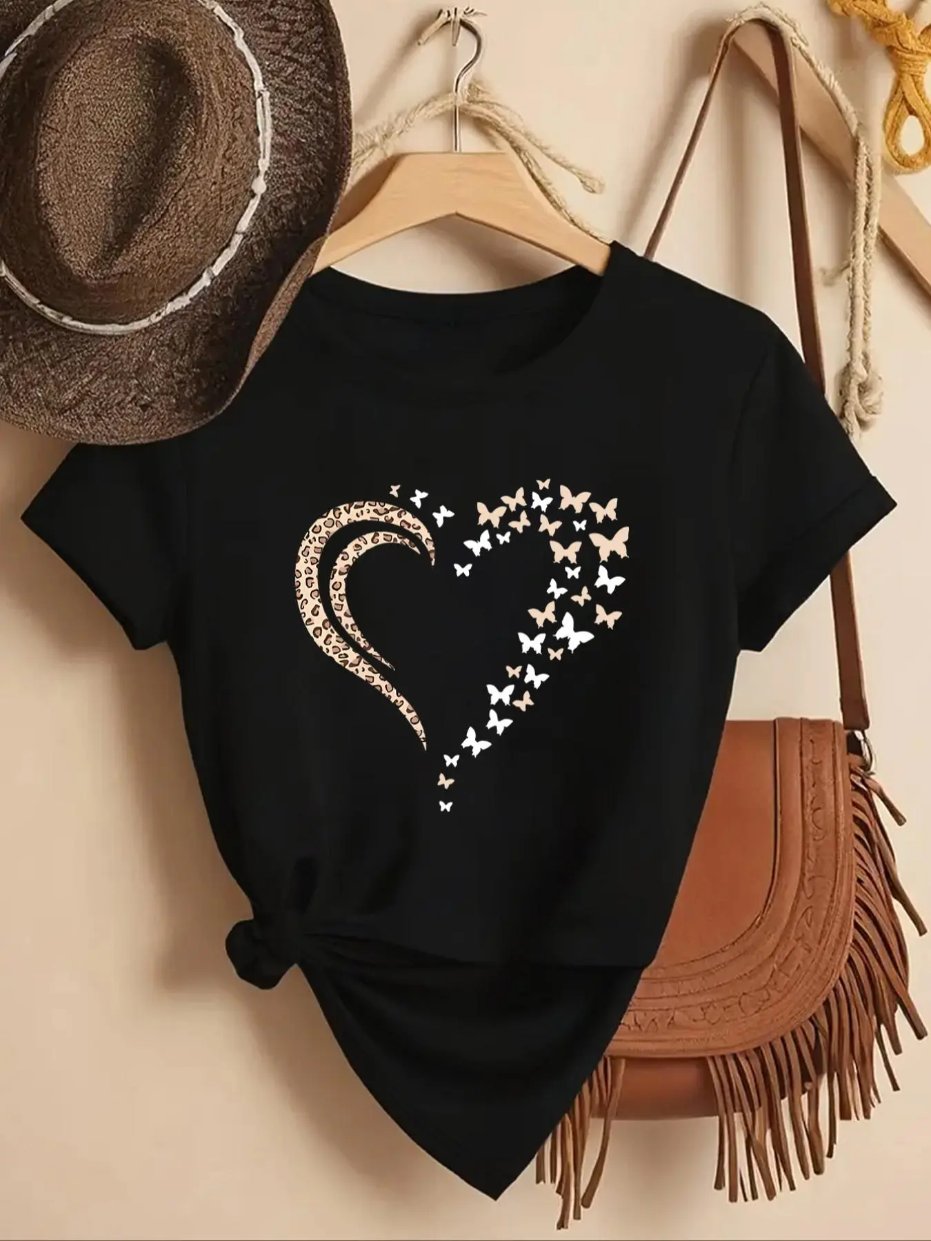 Women's Leopard & Butterfly Print Round Neck Tee, Casual Heart Graphic Short Sleeve T-Shirt, Ladies Clothes for All Seasons