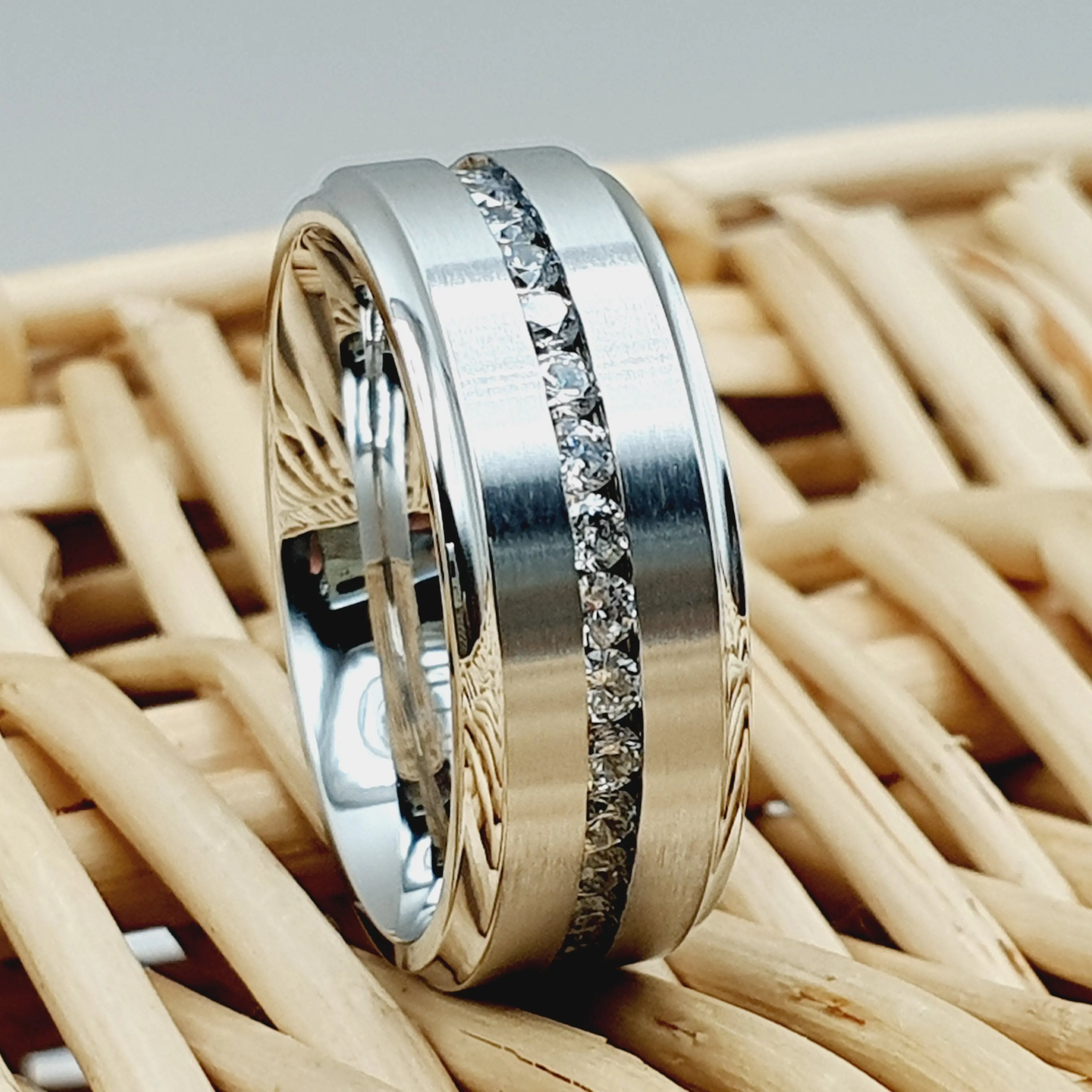 Men's Silver Titanium Wedding Band with Diamond Ring