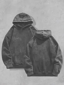 Men's Solid Color Washed Distressed Hoodie, Fashion Casual Loose Drawstring Hooded Sweatshirt for Daily Outdoor Wear, Men Fall & Winter Clothes, Tops
