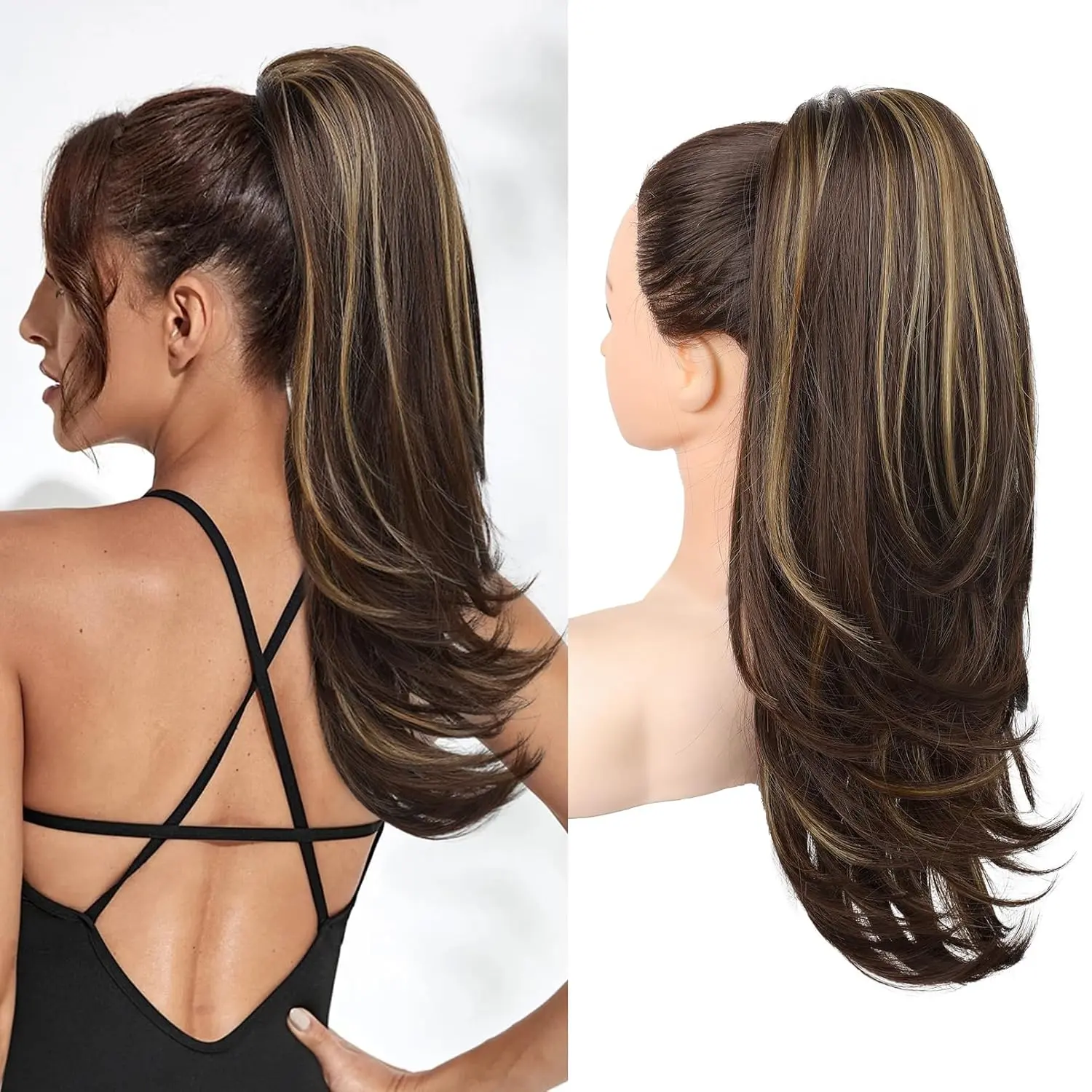 20 Inch Silky Straight Ponytail Extension for Women, Synthetic Hairpiece in Brown with Blonde Highlights with Adjustable Drawstring for Comfortable Wear, Comfortable Day, Effortless Care