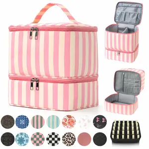 Double Layer Nail Polish Organizer Bag Valentine's Day Gift Quilted Portable Cosmetic Pouch Water-Resistant Lightweight Travel Case for Manicure Tools Nylon Matte Makeup Storage Smooth Jewelry Box Fits Nail Lamp Girlfriend Present Minimalist Cover