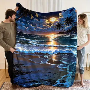 1 Piece Scenic Beach Sunset Flannel Blanket - 280g/m² Comfortable Warm Polyester, Vivid Palm Tree and Wave Design, Suitable for Home, Bedroom or Coffee Table Decoration, Beach Theme Decoration