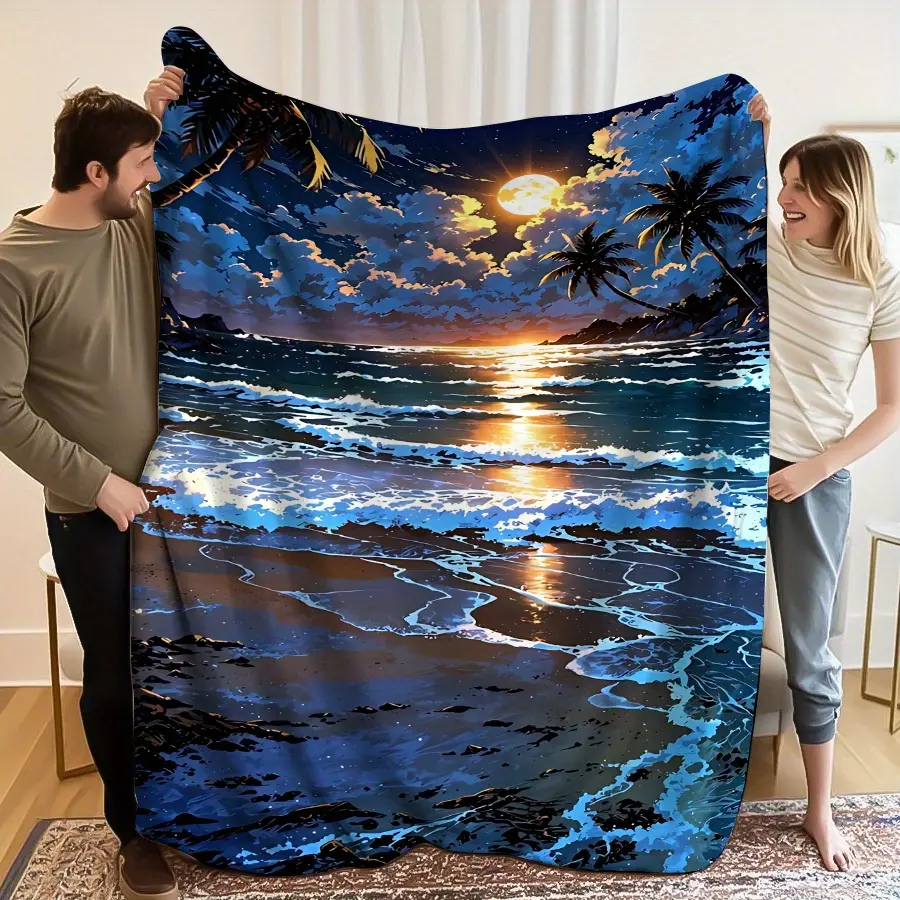 1 Piece Soft Sunset Flannel Polyester Blanket - 280g/m² Warm, Vivid Print Tropical Palm Waves, Multi-Size Scandi Bedding Throw, Indoor Decor for Home Bedroom, Coffee Table
